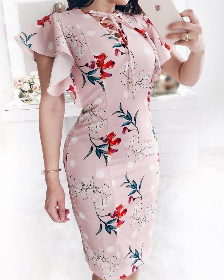 

Floral Print Flutter Sleeve Lace-Up Bodycon Dress, Pink