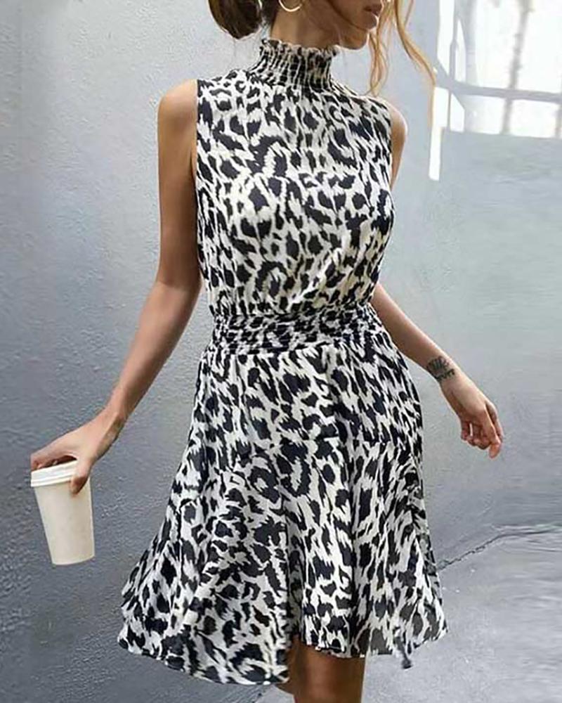 

Frill Hem Print High Neck Dress, Black