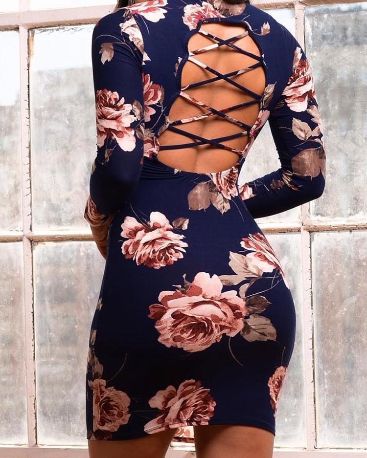 

Floral Lace-up Open Back Bodycon Dress, Multicolor