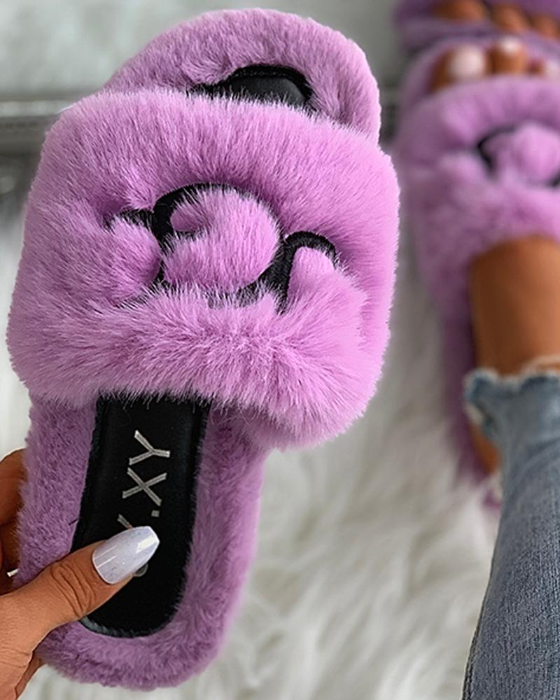 

Letter Pattern Open Toe Fluffy Slippers, Purple