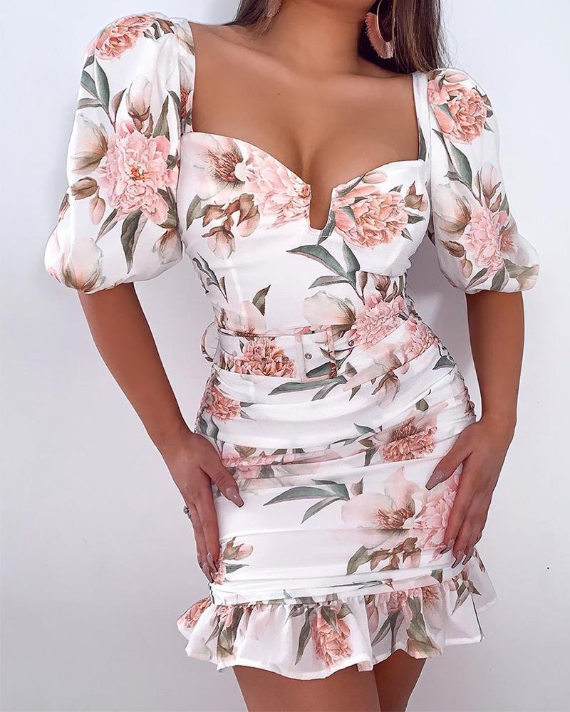 

Floral Square Neck Ruffle Dress, White