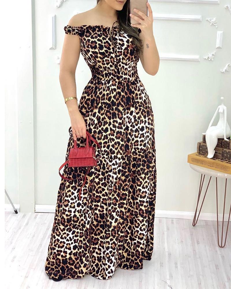 

Cheetah Print Off Shoulder Tie Front Maxi Dress, Leopard