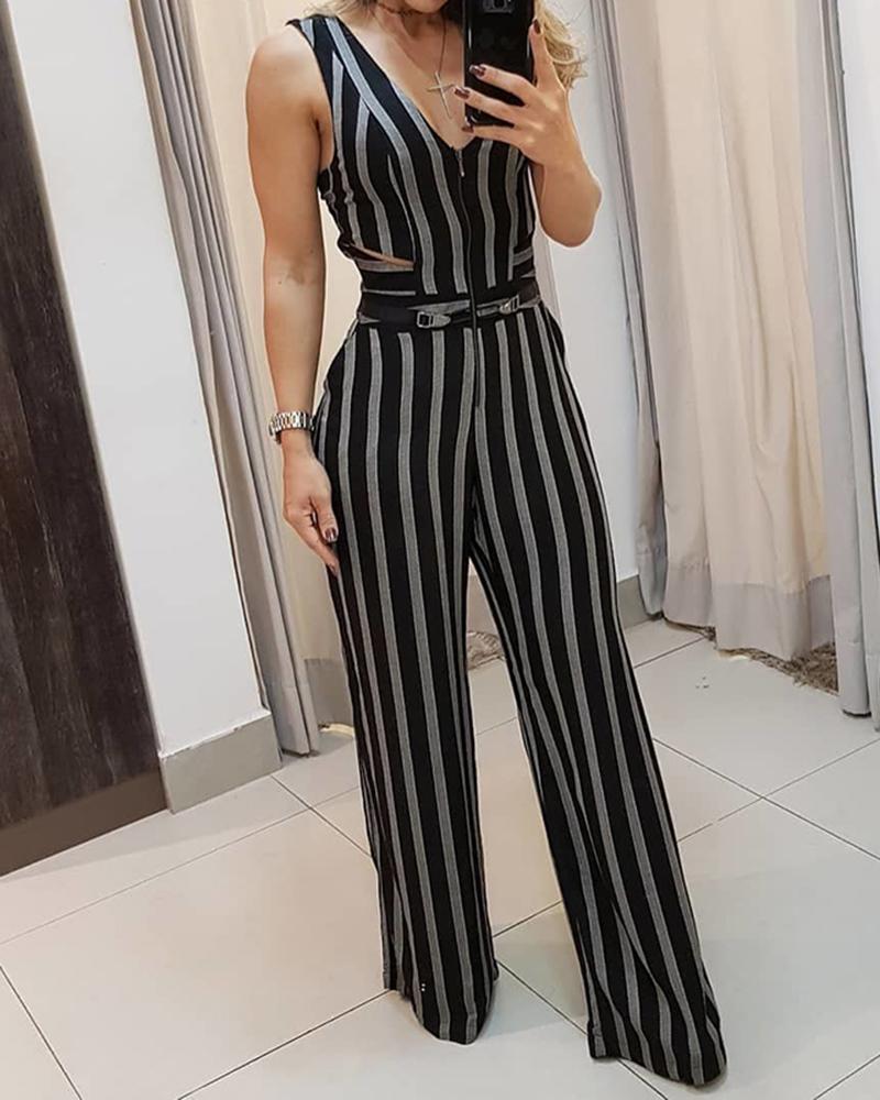 

Striped Printed Wide-Legged Jumpsuit, Black