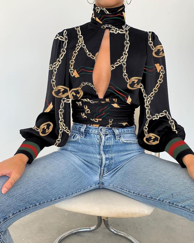 

Chain Print Keyhole Backless Blouse, Black