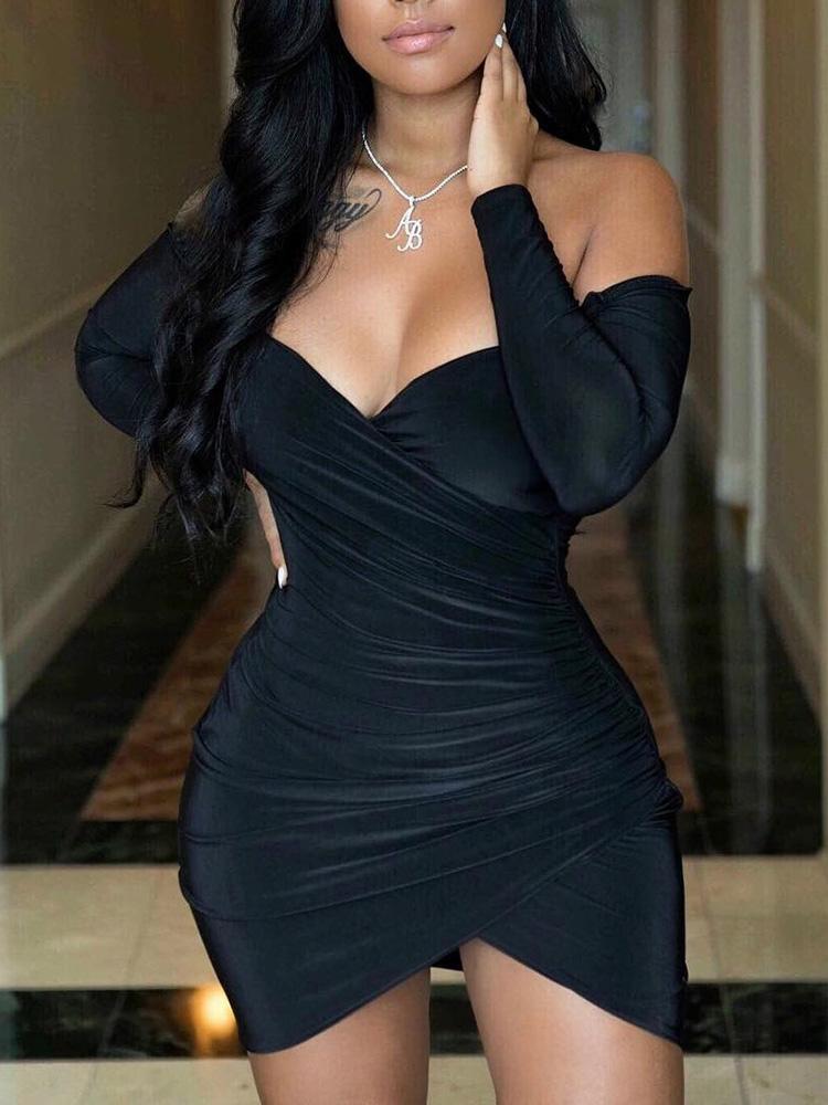 

Off Shoulder Ruched Wrap Bodycon Dress, Black