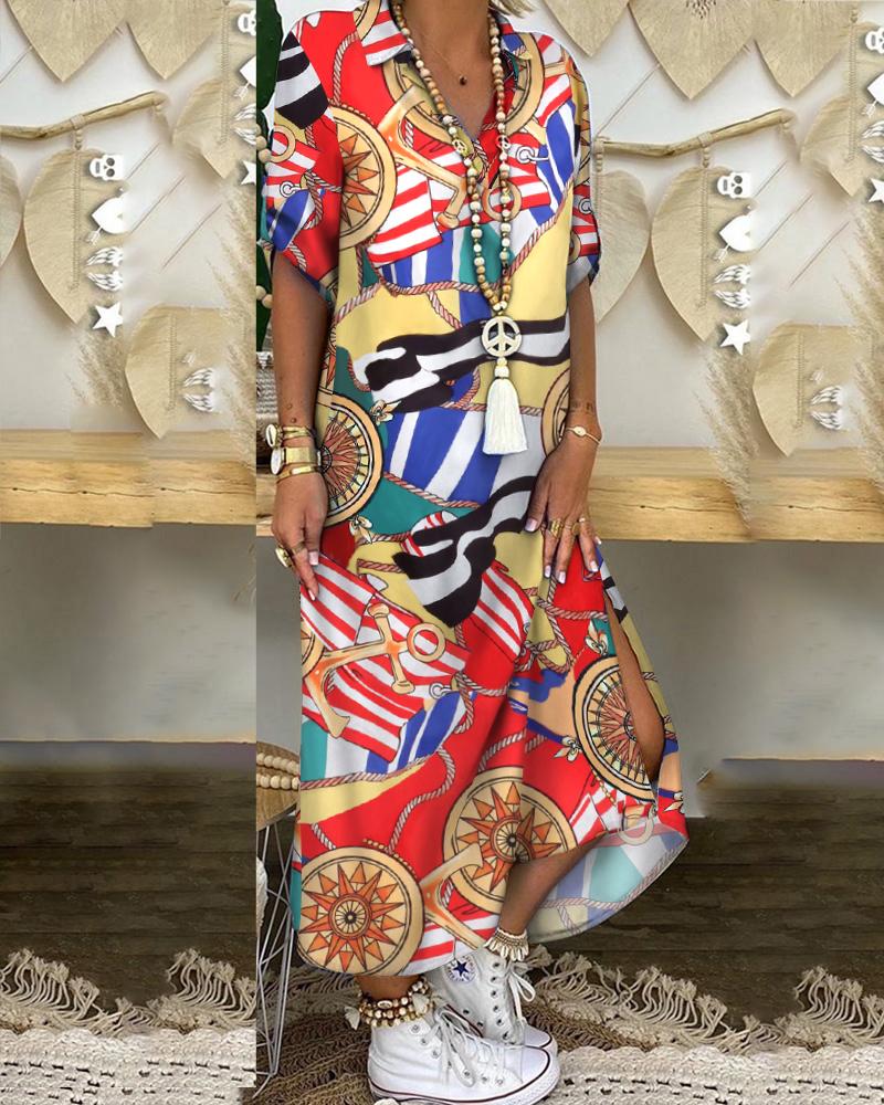 

Colorblock Mixed Print Half Sleeve Slit Casual Dress, Multicolor