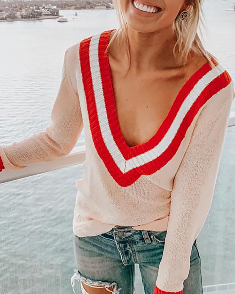 

Striped Colorblock Long Sleeve Casual Sweatshirt, Pink