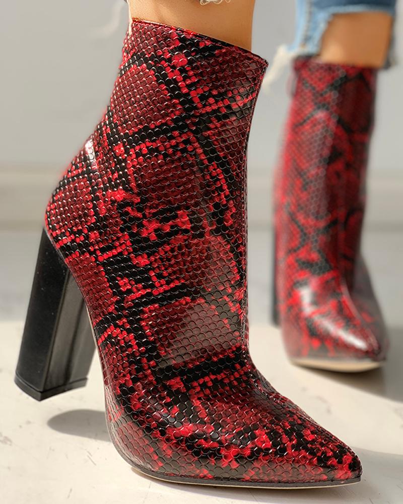 

Leather Snakeskin Chunky Heeled Ankle-Boots, Red