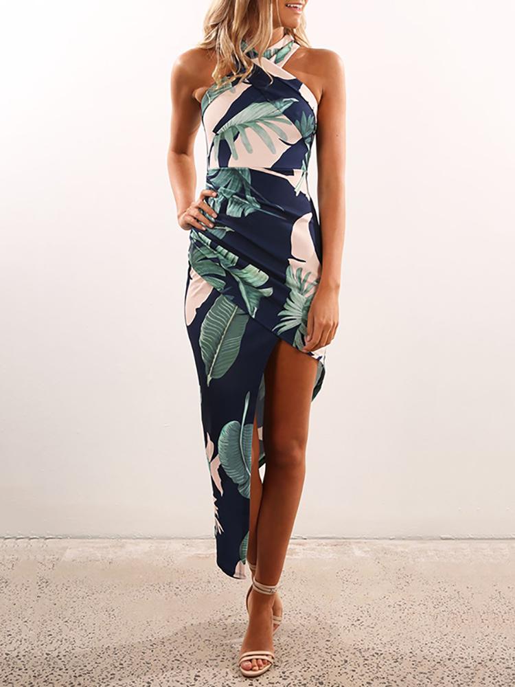 

Ruched Crisscross Halter Asymmetrical Print Bodycon Dress