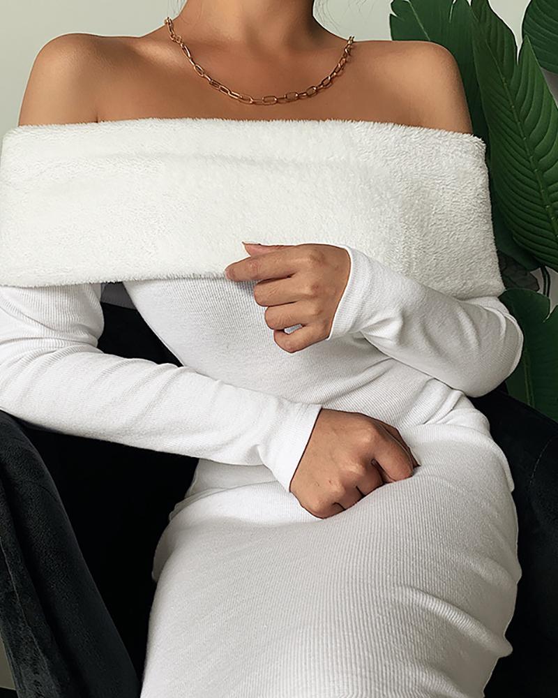 

Fluffy Off Shoulder Fold-Over Dress, White