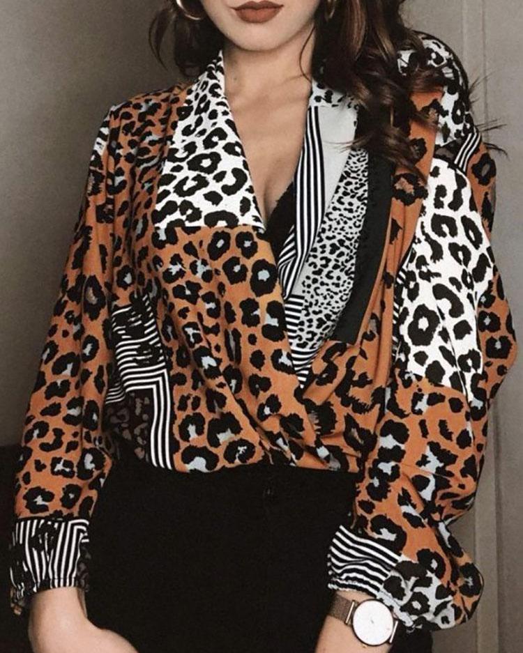 

Leopard Print Long Sleeve Wrap Blouse, Multicolor