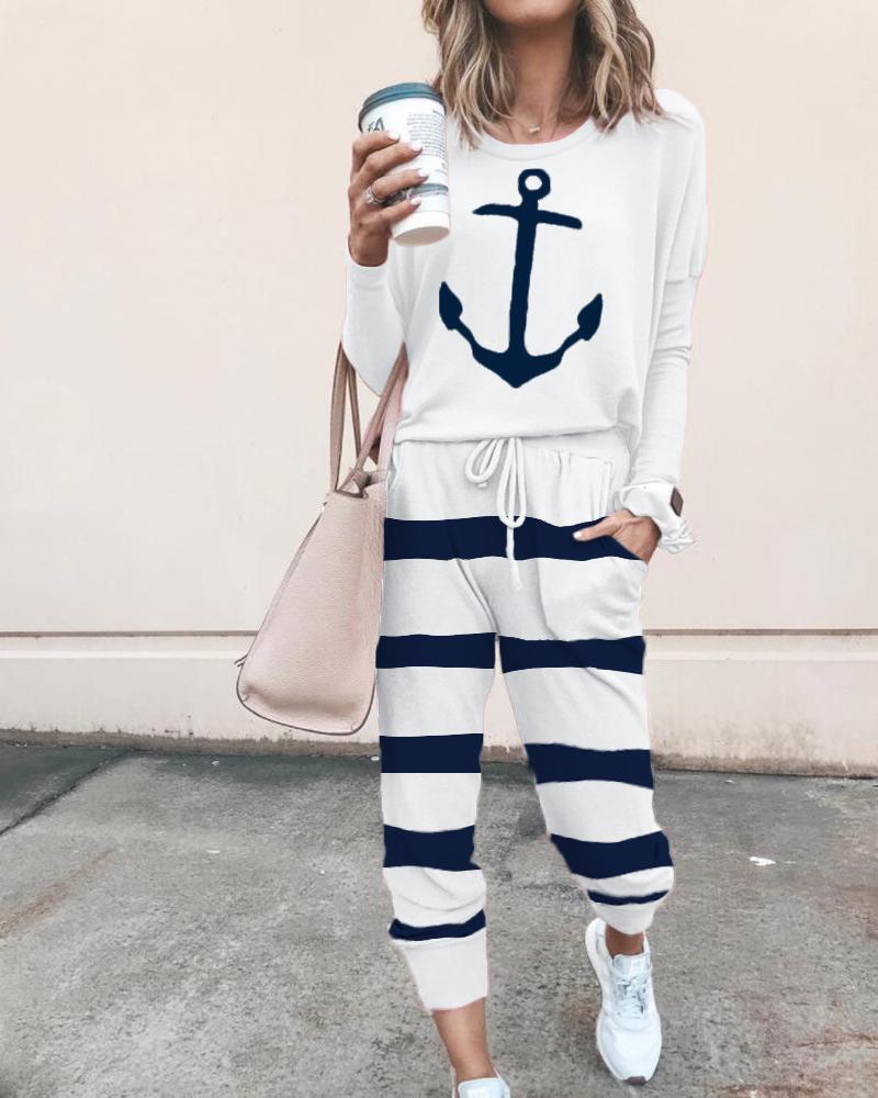 

Boat Anchor Print Striped Drawstring Top & Pants Set, White