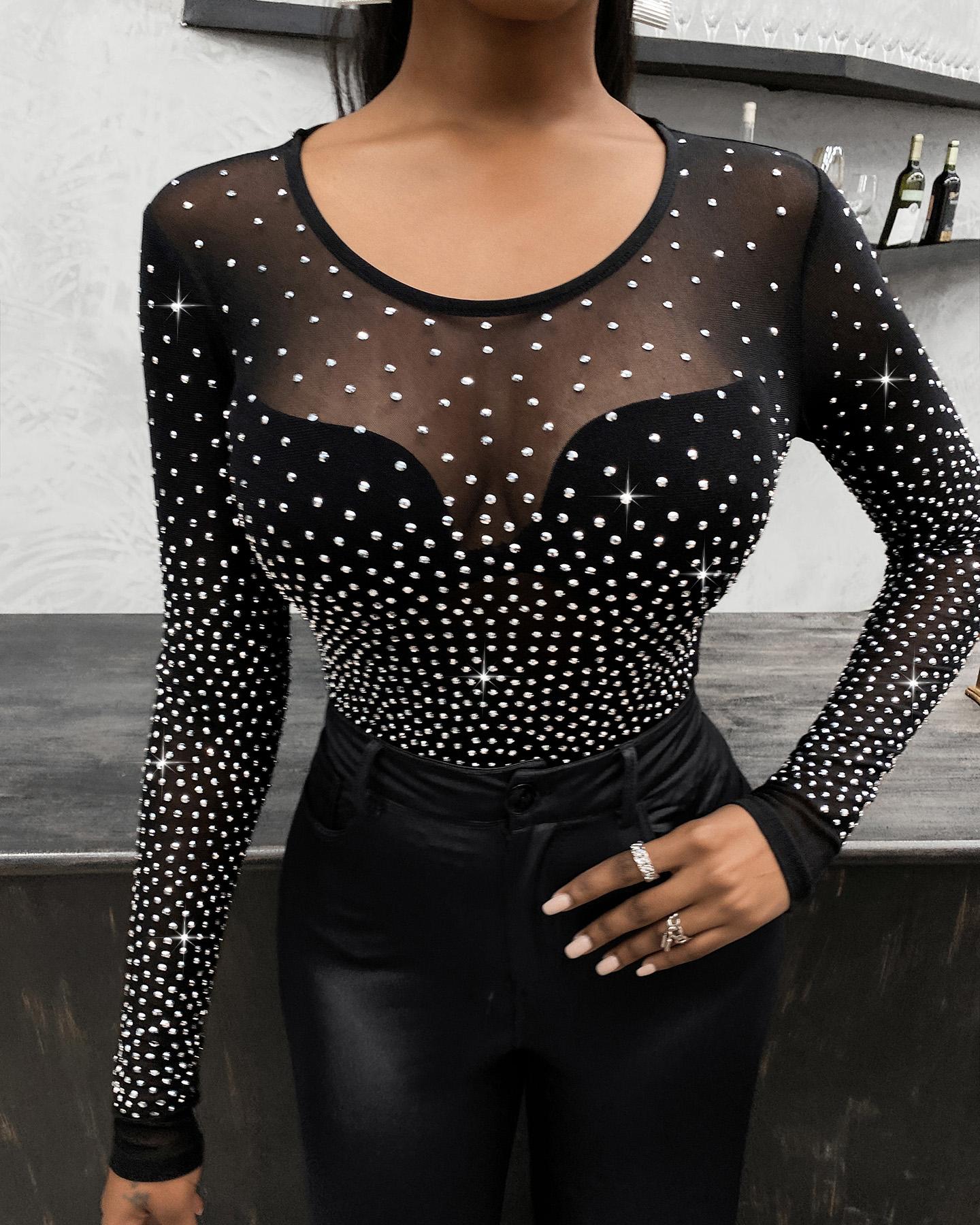 

Sheer Mesh Studded Long Sleeve Bodysuit, Black