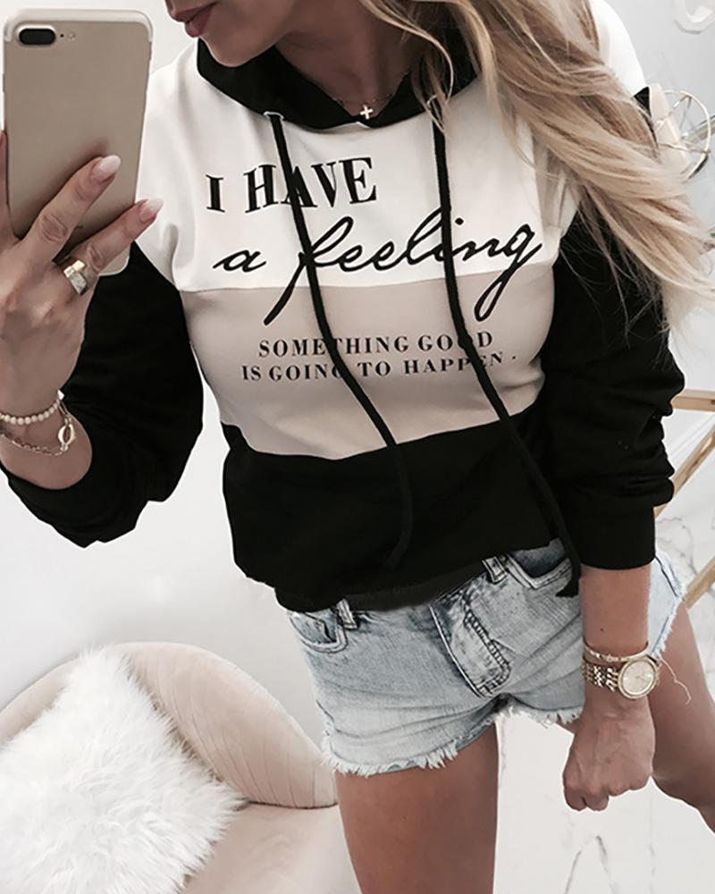 

Hooded Letter Print Colorblock Sweatshirt, Black