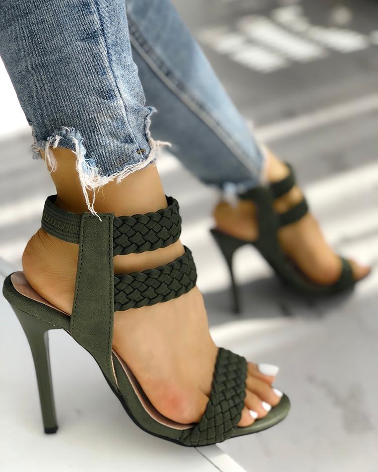 

Hot Summer Knitted Ankle Strap Peep-toe Heeled Sandals, Green