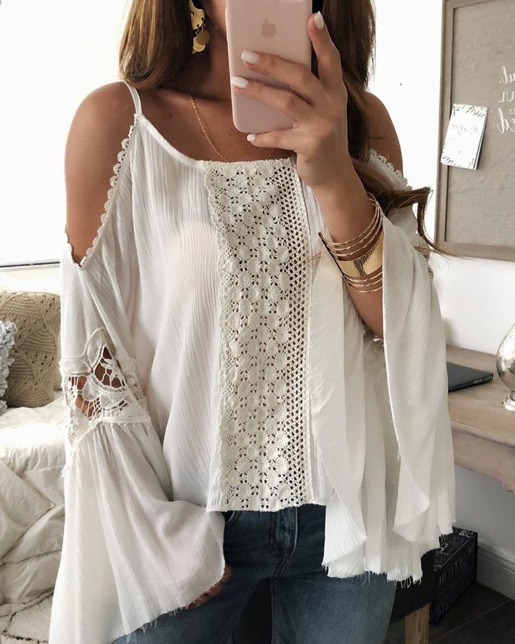 

Cold Shoulder Flared Sleeve Crochet Splicing Blouse, White