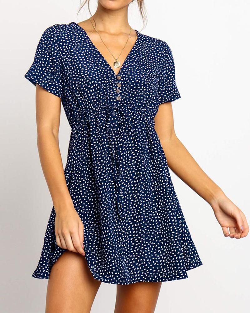 

Dotted V-Neck Mini Dress, Blue
