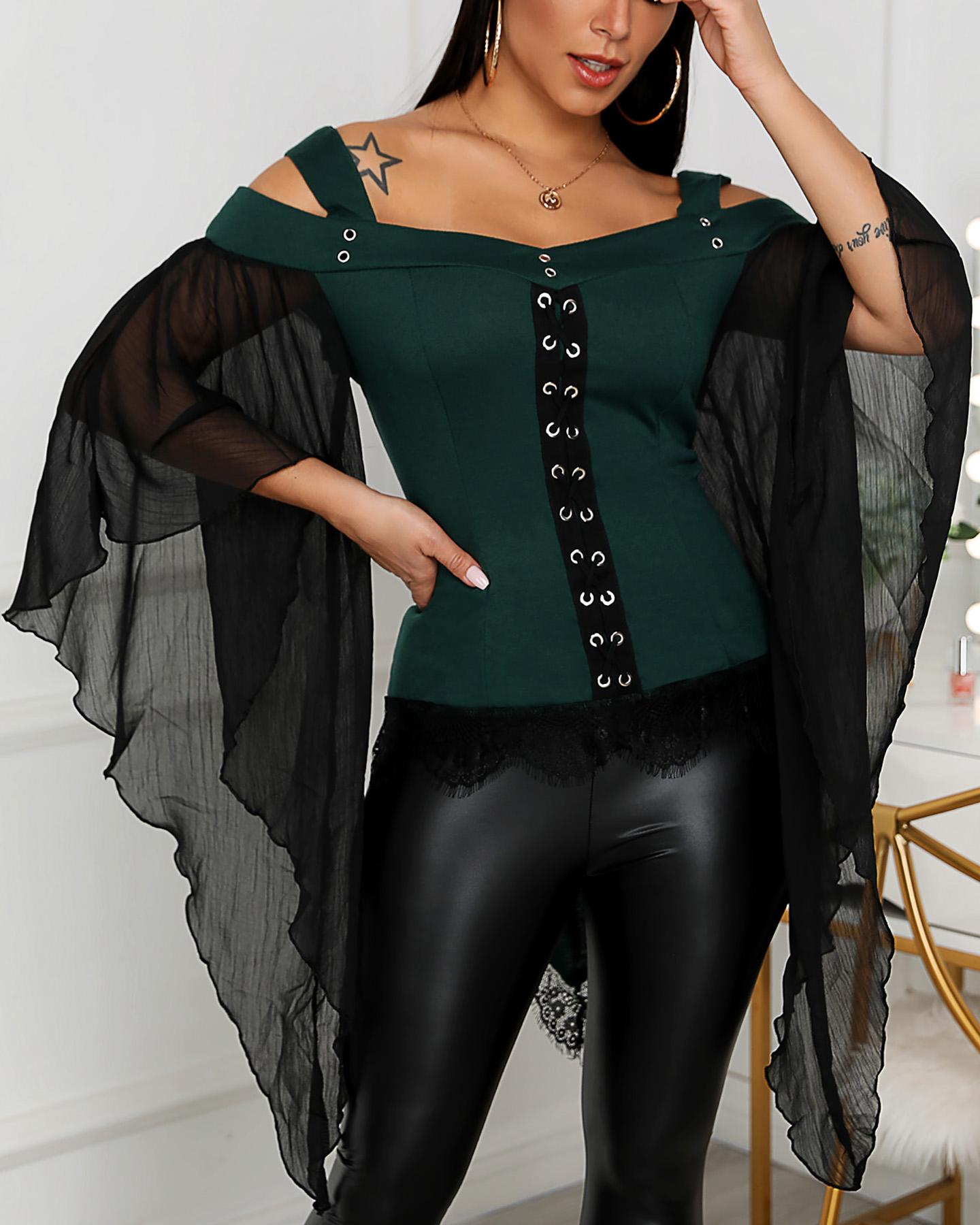

Cold Shoulder Mesh Bell Sleeve Blouse, Green