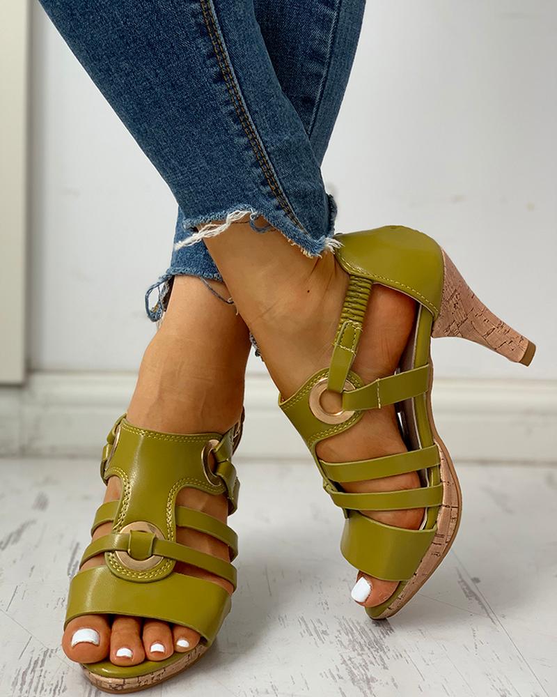 

Eyelet Bandage Peep Toe Buckle Heeled Sandals, Green