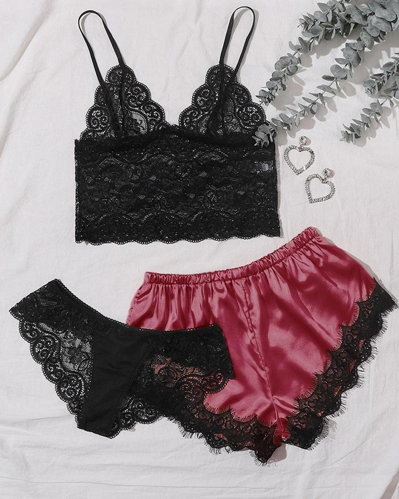 

3PCS Eyelash Lace Satin Cami Set, Wine red