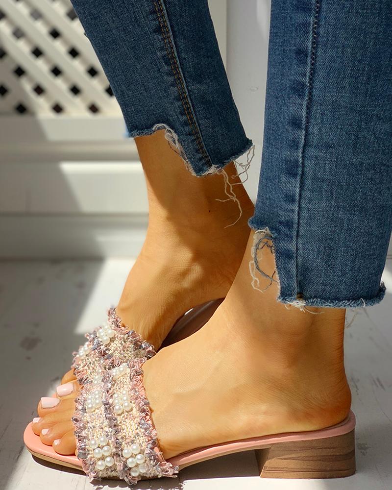 

Beaded Design Chunky Heeled Sandals, Pink