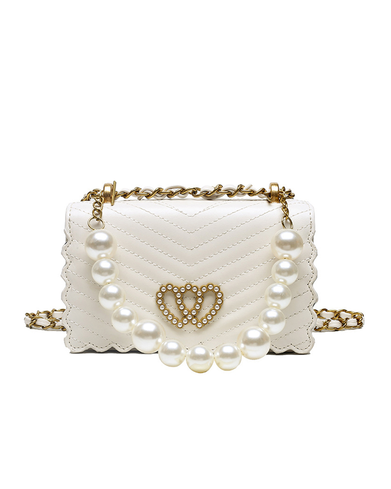 

Beaded Double Heart Pattern Chevron Chain Satchel Bag, White