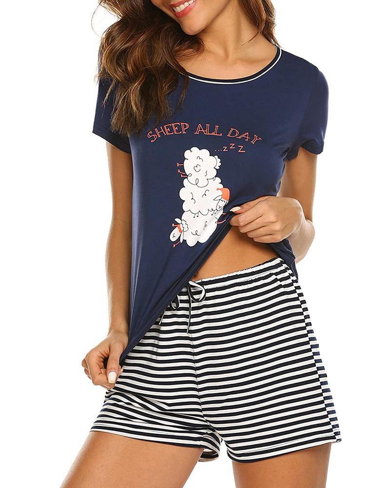 

Striped Short Sleeve Print Pajamas Set, Dark blue