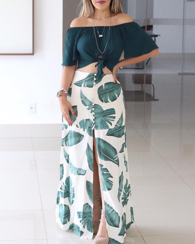 

Off Shoulder Knotted Top & Tropical Print Slit Skirt Set, Green
