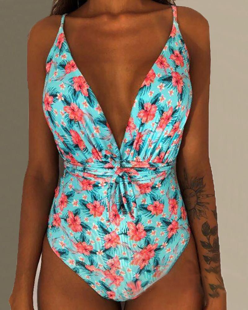 

Print Spaghetti Strap One Piece Swimsuit, Light blue