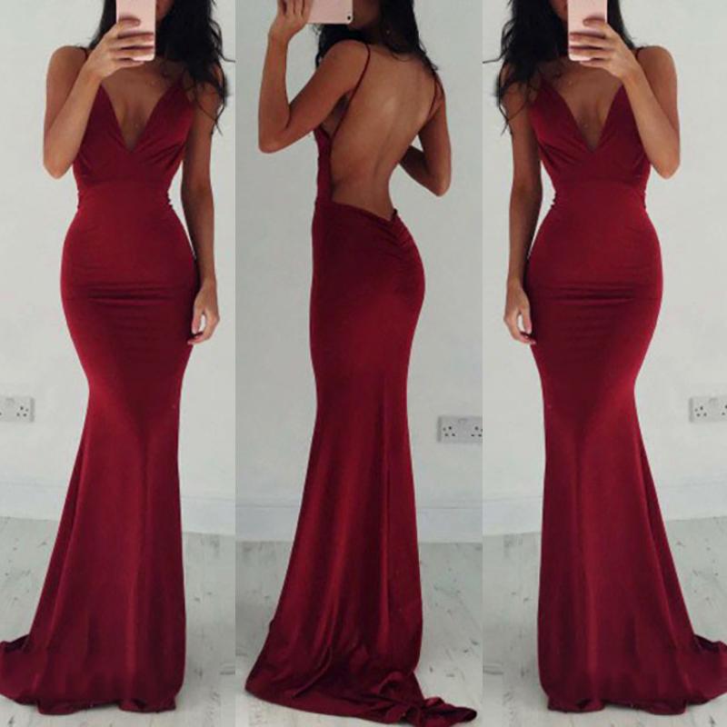 

Elegant Women Open Back Maxi Slip Dress, Wine red