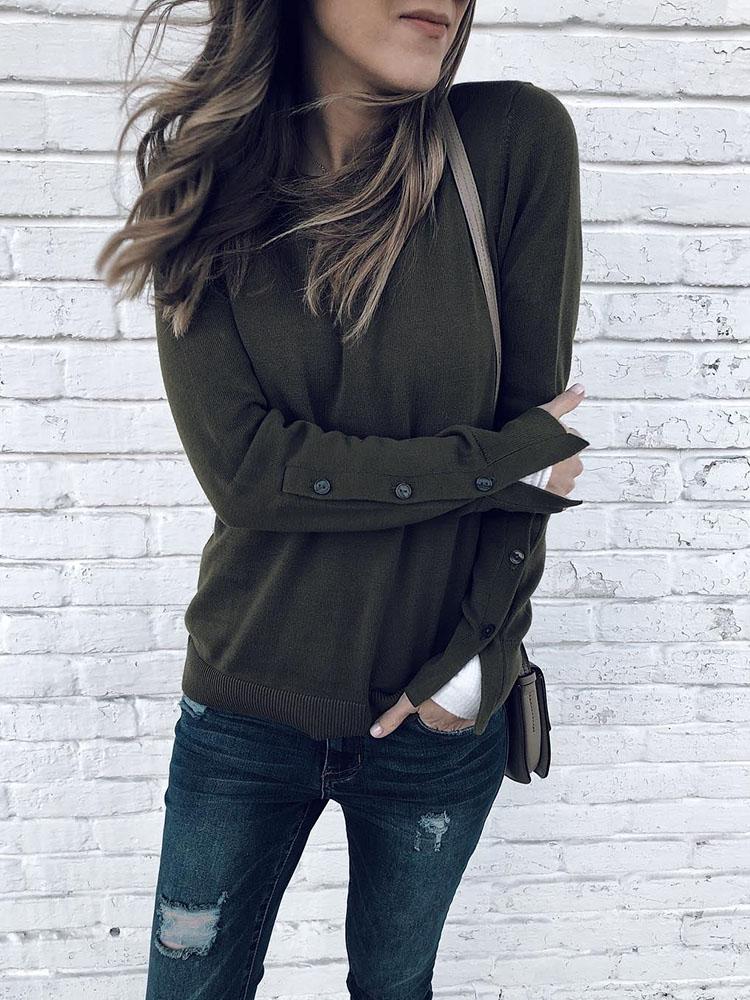 

Button Detail Long Sleeve Pullover Sweatshirt, Green