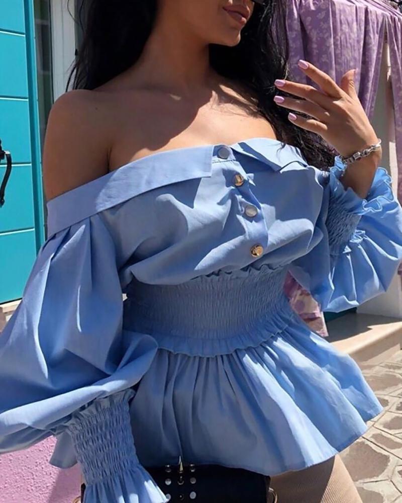 

Off Shoulder Shirring Ruffles Blouse, Sky blue