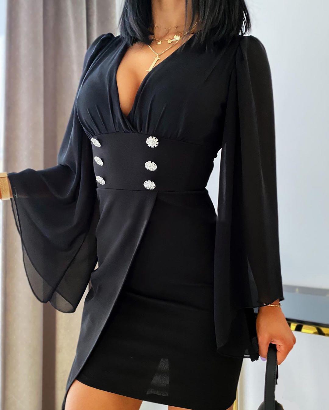 

Solid Mesh Bell Sleeve V-neck Dress, Black