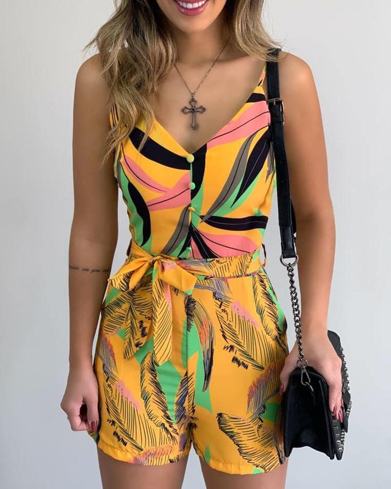 

Spaghetti Strap Leaf Print Romper, Yellow