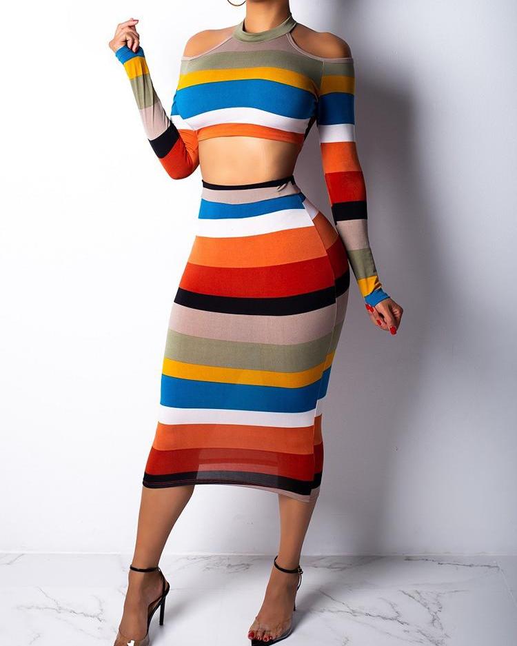 

Colorful Striped Cold Shoulder Crop Top & Skirt Sets, Multicolor