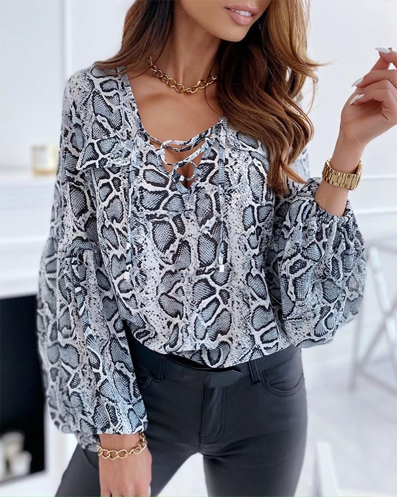 

Snake Print Lace-up Lantern Sleeve Blouse, Gray