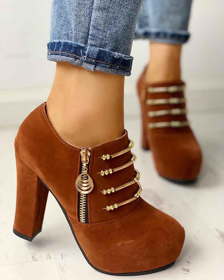 

Metallic Embellished Zipper Chunky Heeled Boots, Brown