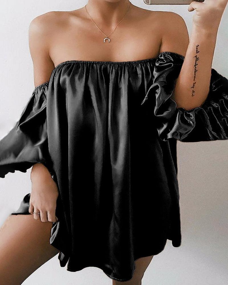 

Off Shoulder Ruched Lantern Sleeve Satin Blouse, Black