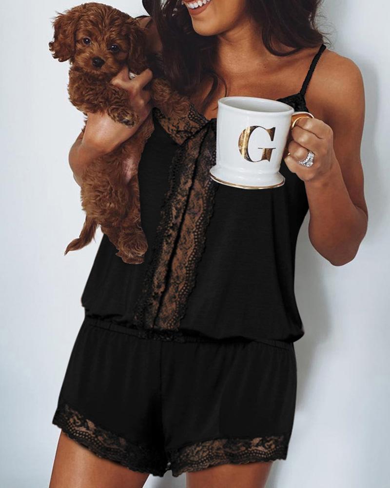 

Print V-neck Crochet Lace Cami Sets, Black