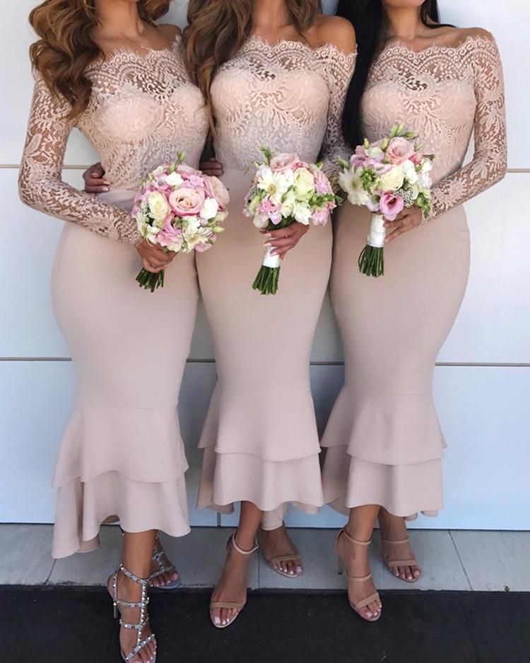 

Lace Bodice Off Shoulder Mermaid Dress, Pink