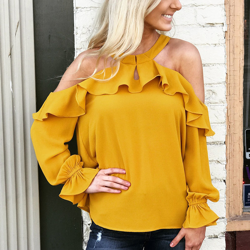 

Ruffled Open Shoulder Casual Blouse, Yellow