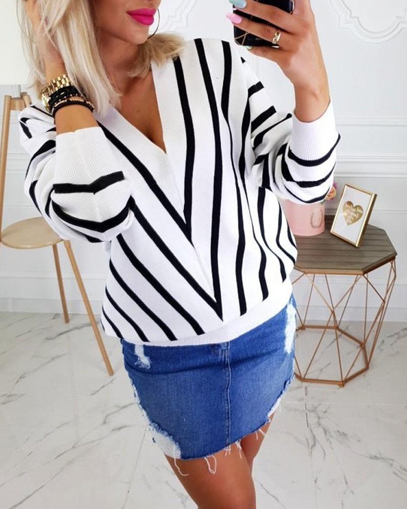 

V Neck Long Sleeve Striped Casual Sweater, White