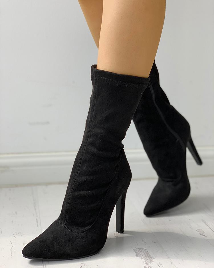 

Solid Side Zipper Pointed Toe Heeled Boots, Black