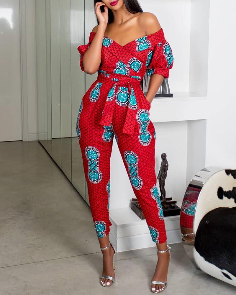 

Off Shoulder Puffed Sleeve Print Jumpsuit, Red