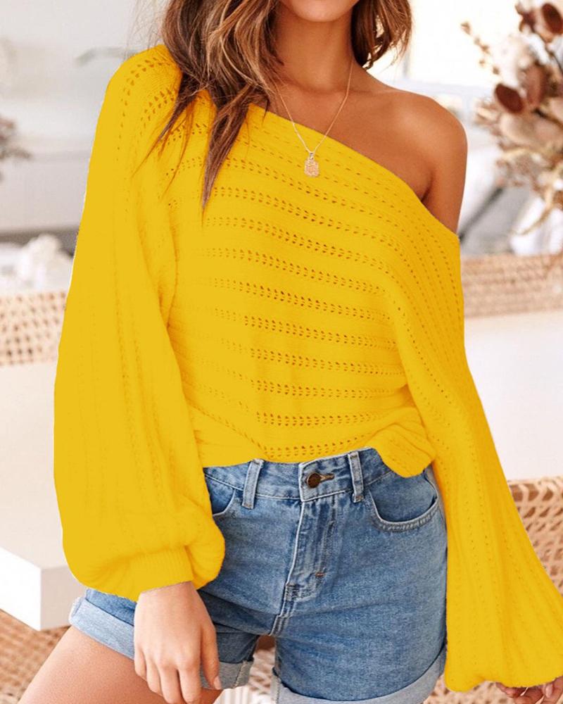 

Skew Neck Lantern Sleeve Hollow Out Sweater, Yellow