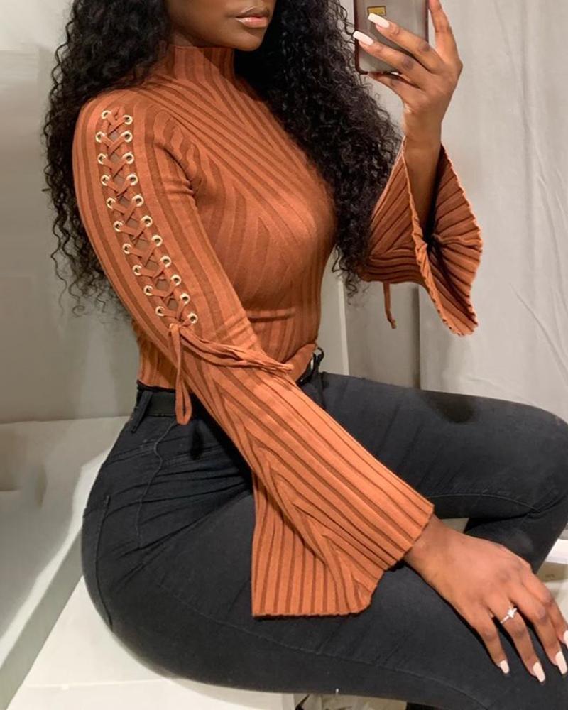 

Solid Lace-Up Design Bell Sleeve Sweater, Khaki