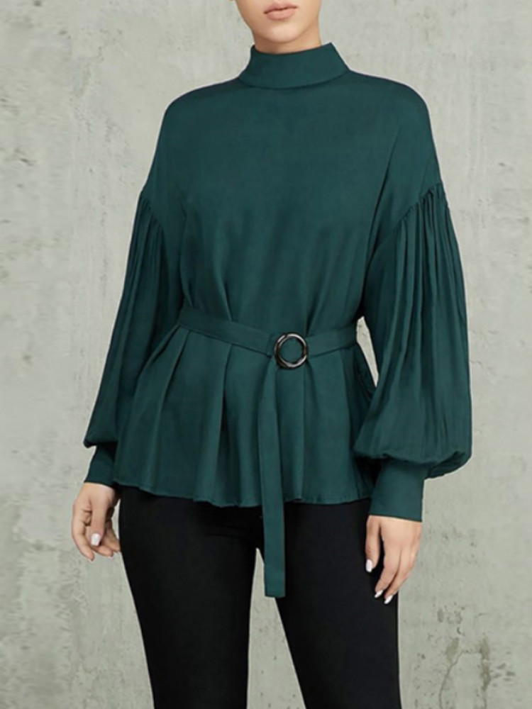 

Puff Sleeve Mock Neck Belted Blouse