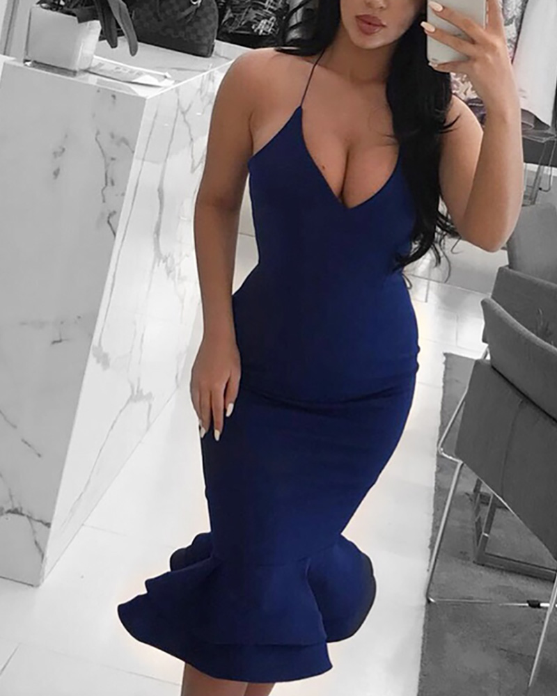 

Spaghetti Strap Ruffles Design Bodycon Dress, Dark blue