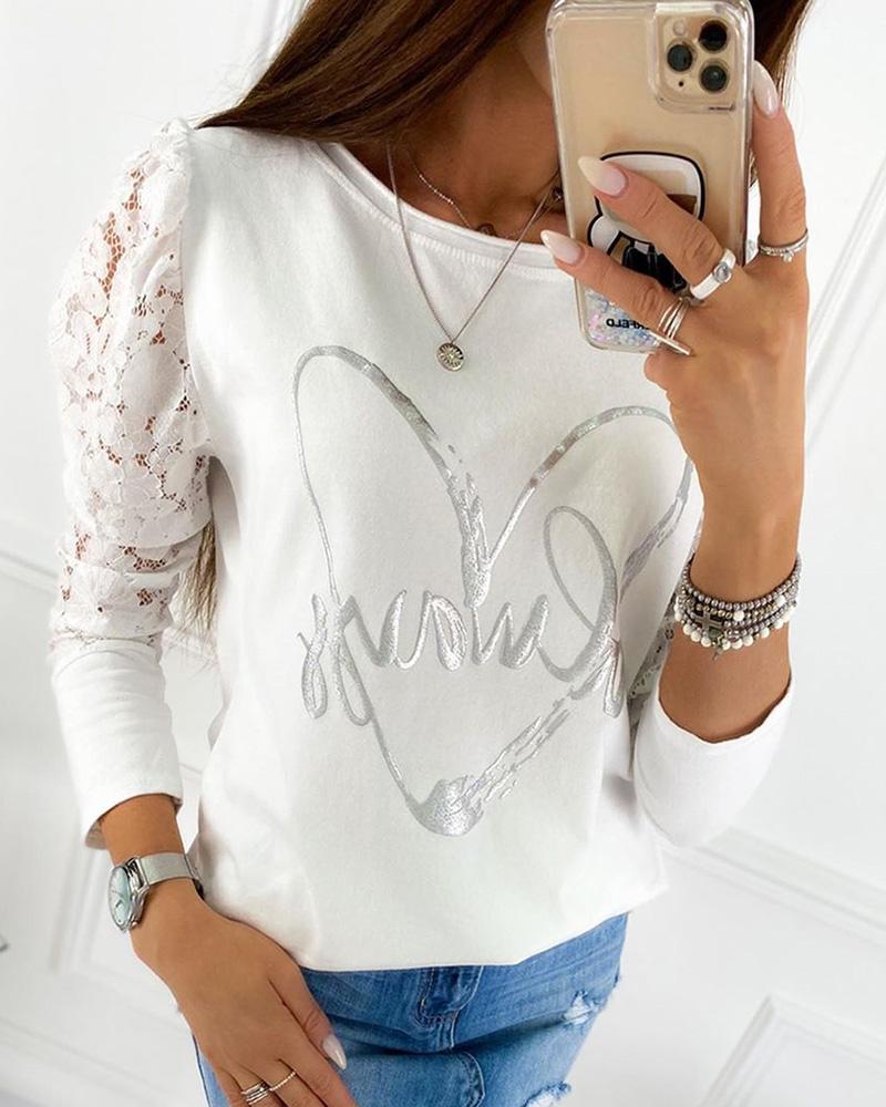 

Print Crochet Lace Round Neck Blouse, White