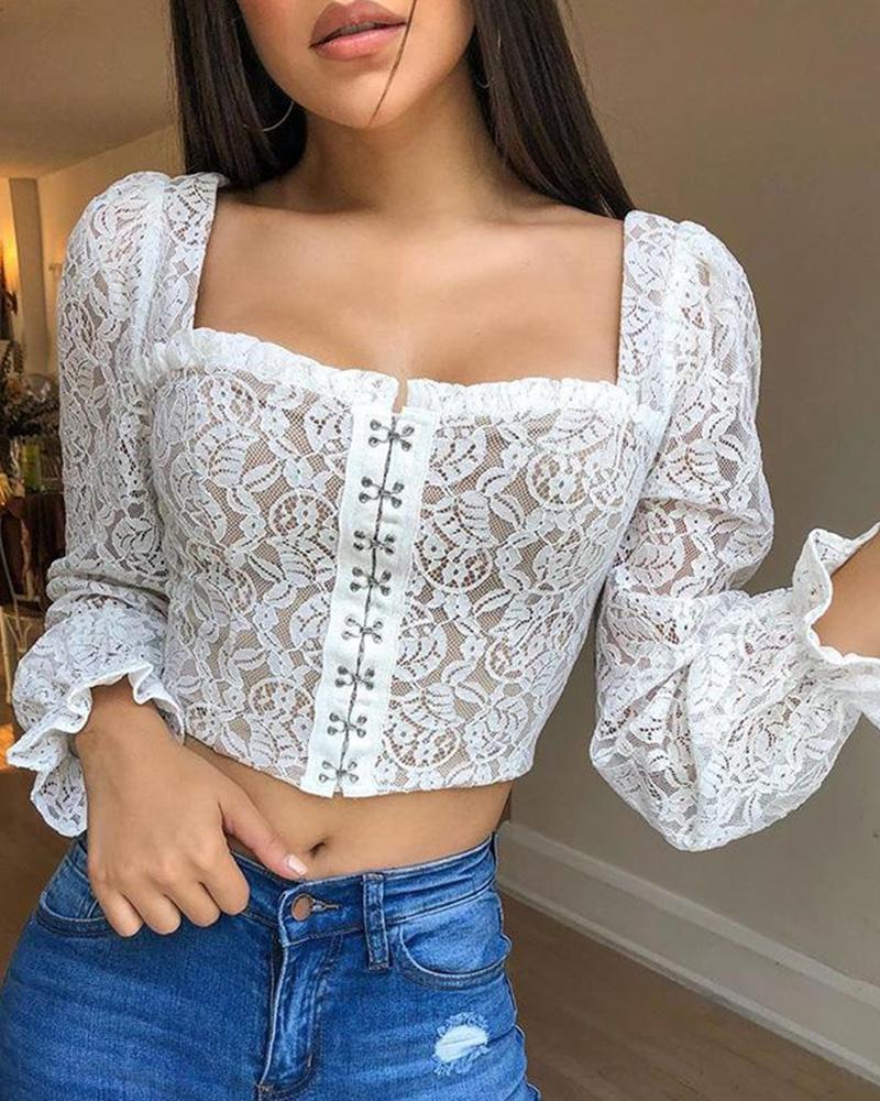 

Square Neck Lace Crop Top, White
